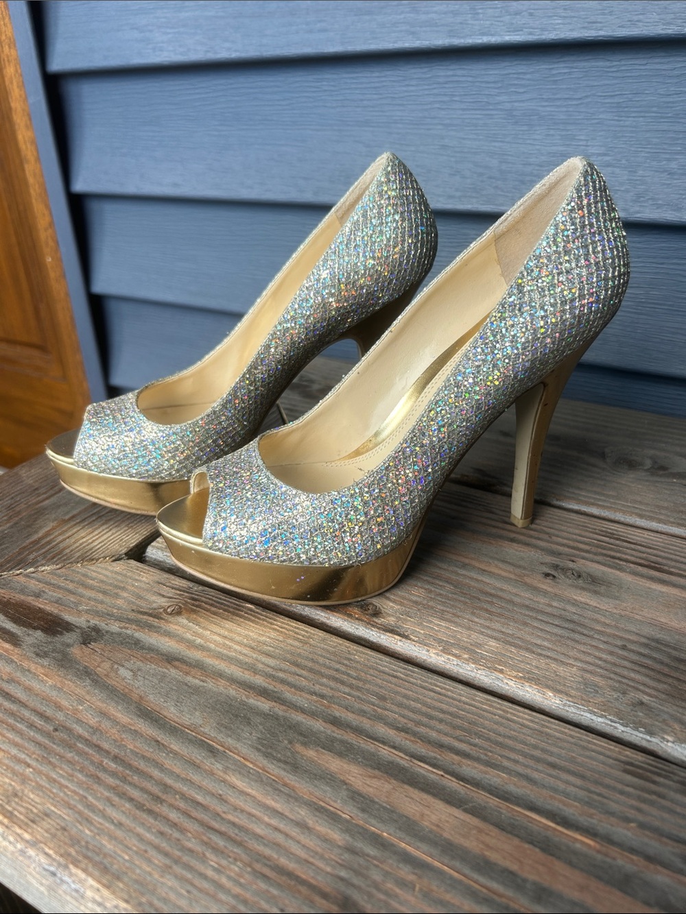 Enzo Angiolini Sparkling Gold Platform Peep-Toe Pumps